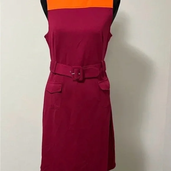Merona Color block Belted Sheath Midi Dress | Fuchsia & Orange | Size 4 - Picture 6 of 7